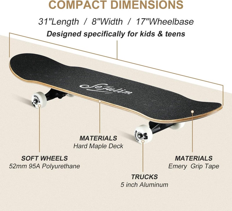 Sefulim 31 x 8 Inch Complete Skateboard 7 Layer Canadian Maple Double Kick Deck Concave Cruiser Trick Skateboard for Boys Girls Teens Adults Beginner ﻿ - Image 2
